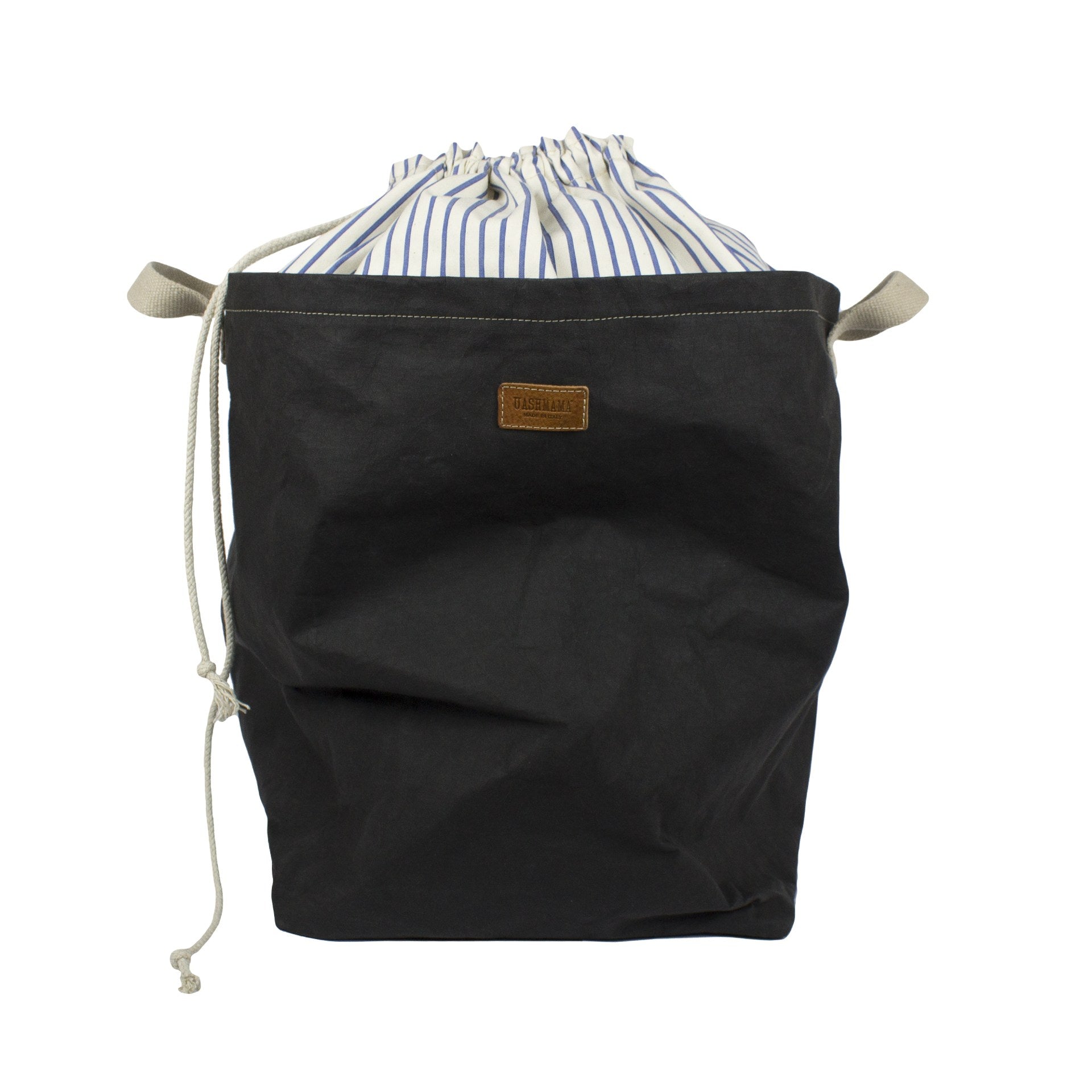 Drawstring Laundry or Storage Bag in Black Color. Striped Cotton and Washable Paper Material
